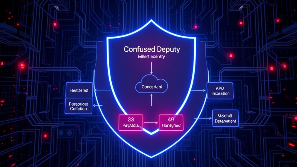Diagram illustrating the flow of a Confused Deputy vulnerability in multi-agent AI systems
