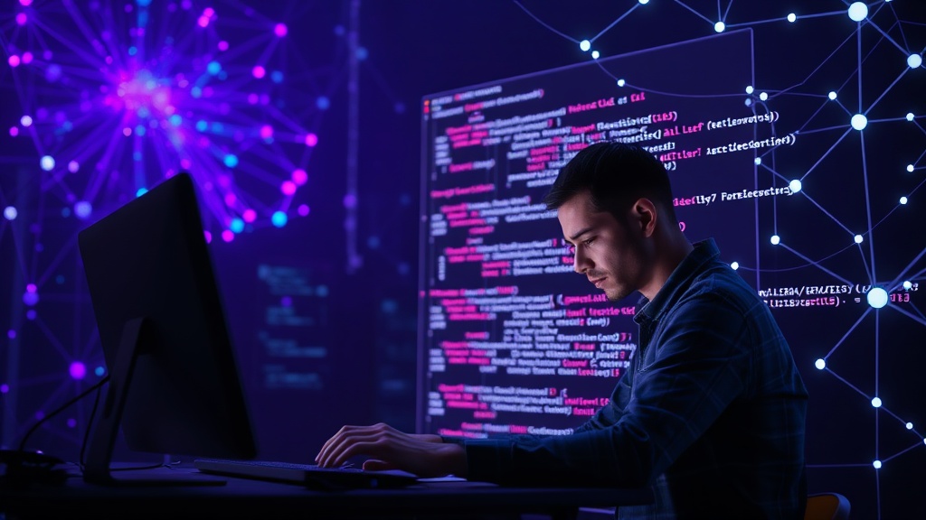 Developer struggling to review a large, disorganized code diff generated by AI