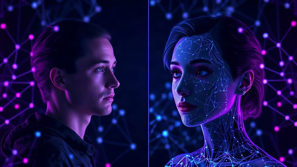 A split screen showing a real person and a hyper-realistic AI-generated avatar side-by-side.