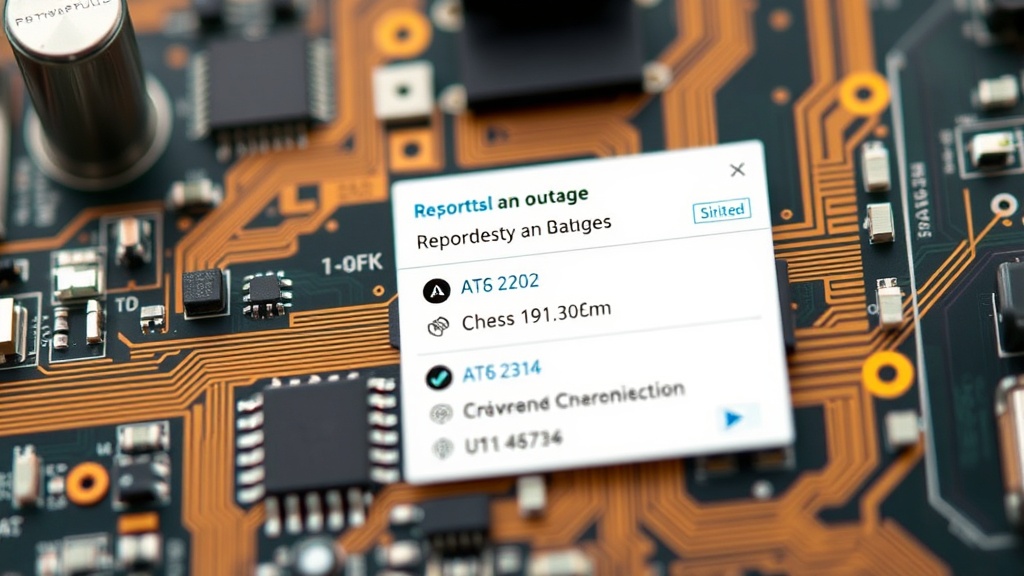 Mockup interface showing PowerPulse II user reporting an outage with location and duration details.