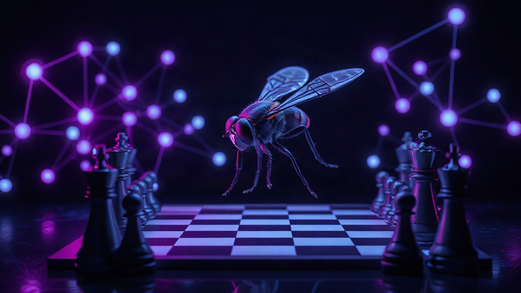 A conceptual illustration of a digital fly brain simulation interacting with a chessboard.