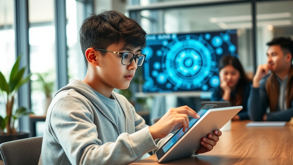 Young person interacting with a futuristic AI interface on a tablet