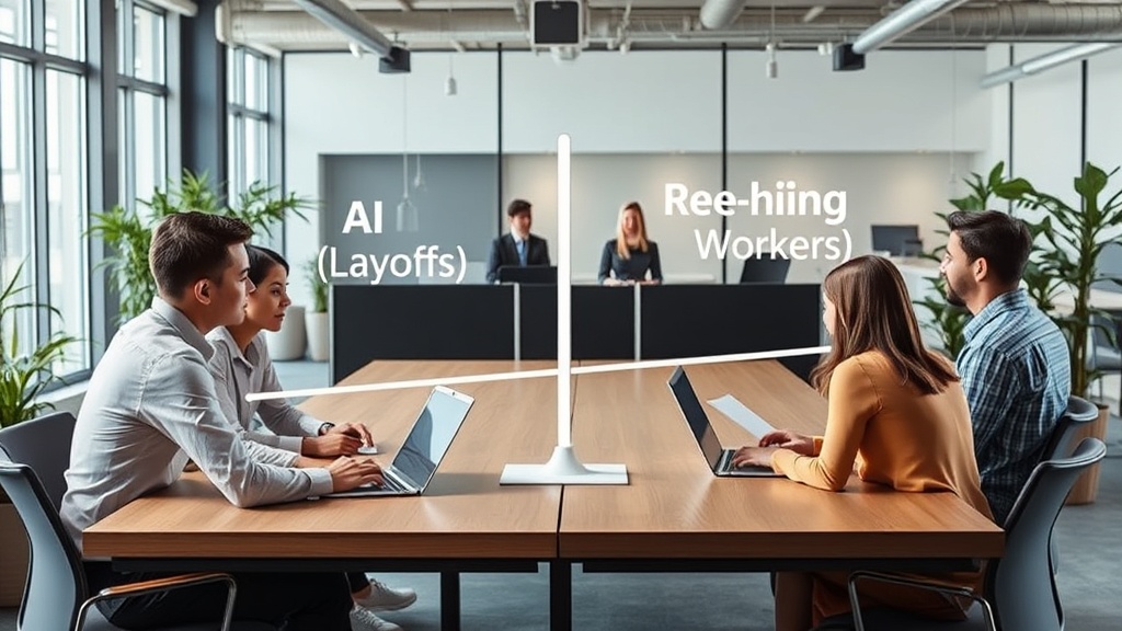 A graphic illustrating the pendulum swing from AI-driven layoffs to re-hiring
