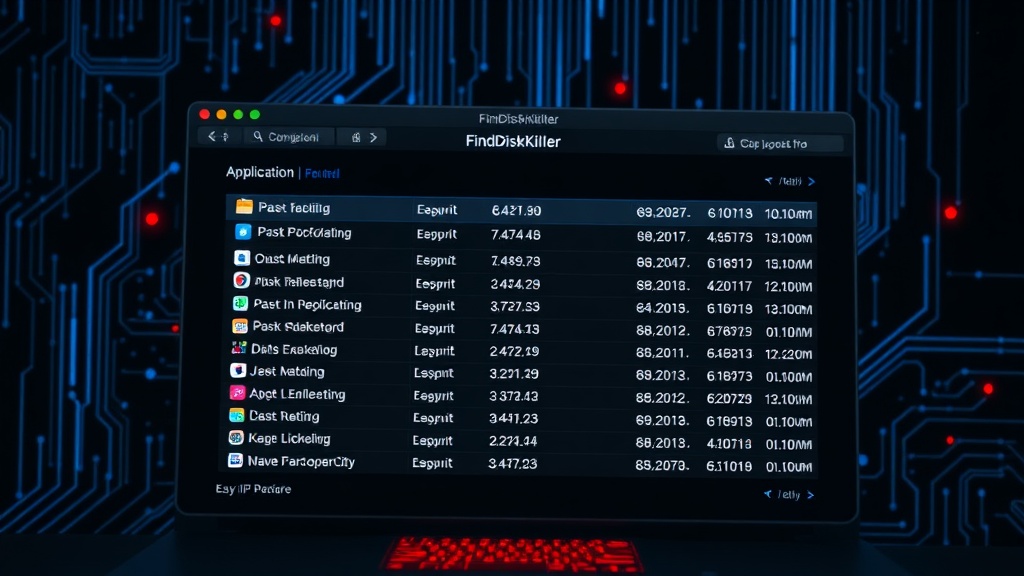 Screenshot of FindDiskKiller interface showing a list of applications and their disk I/O metrics