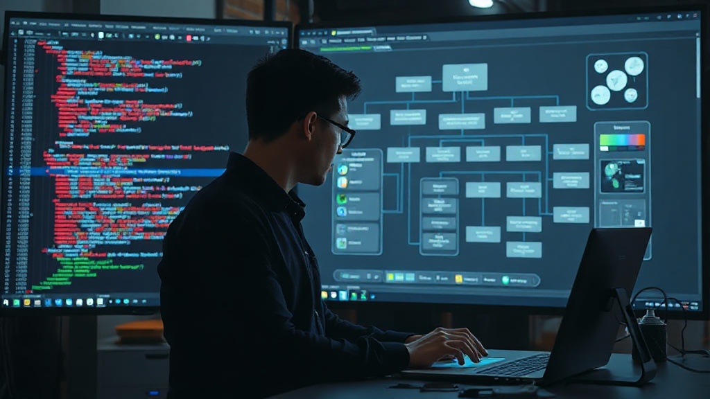Developer interacting with an AI coding assistant on a complex system architecture diagram