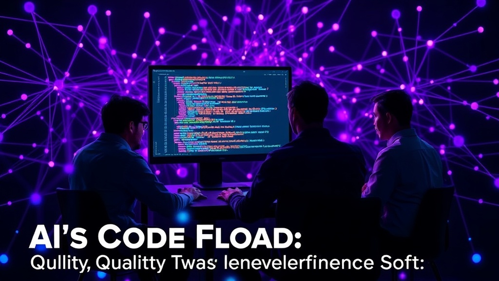 A team of developers collaborating around a monitor, discussing code during a review session.