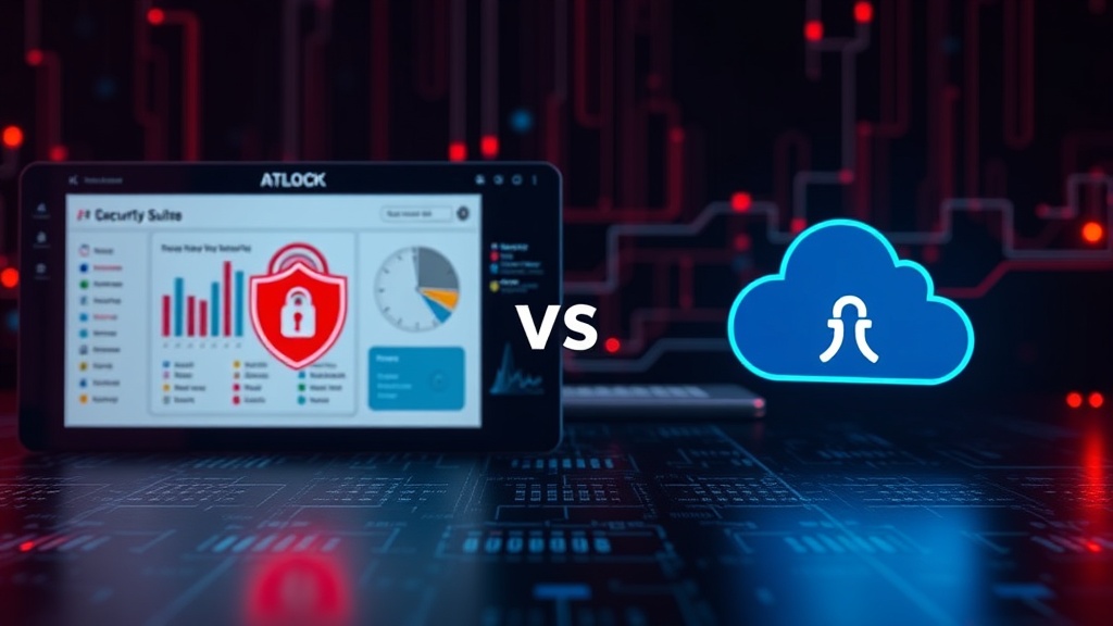 Visual comparison of a complex security suite dashboard versus a simple ATLOCK executable icon