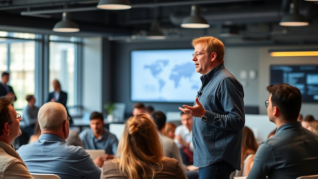 Sam Altman speaking on stage at a technology conference event