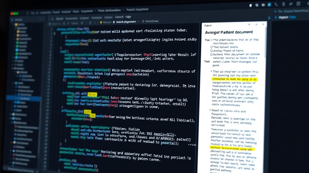 AI-generated patent document draft with highlighted prior art search results