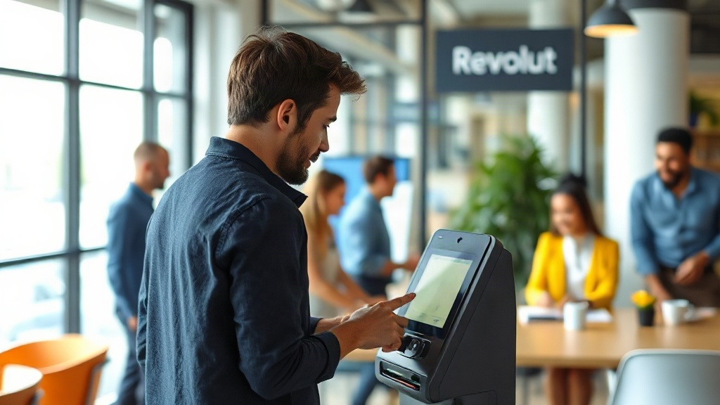 Revolut customer looking at a payment terminal to authorize a transaction.