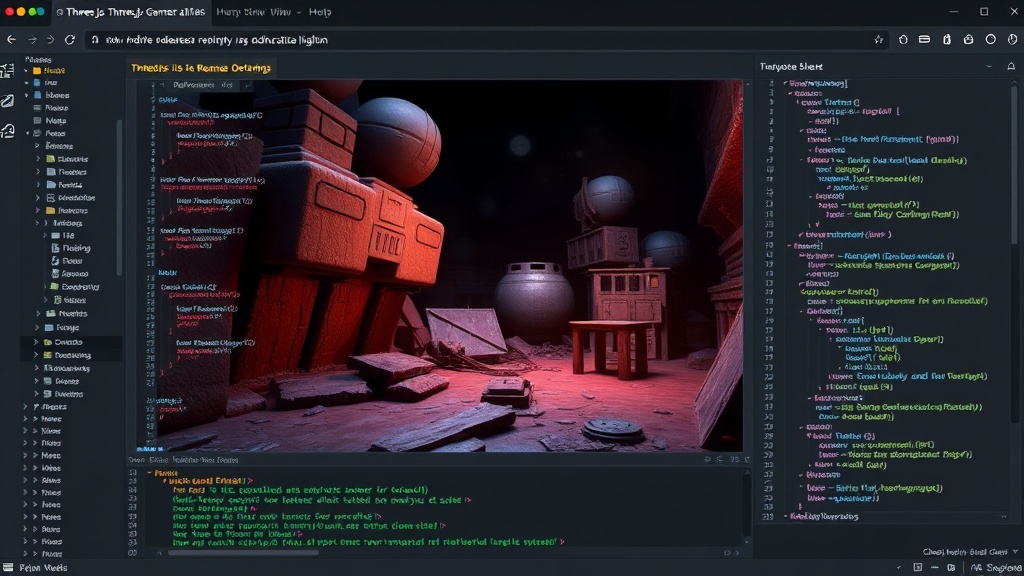A complex 3D scene rendered in a web browser using Three.js, showcasing advanced lighting and textures.