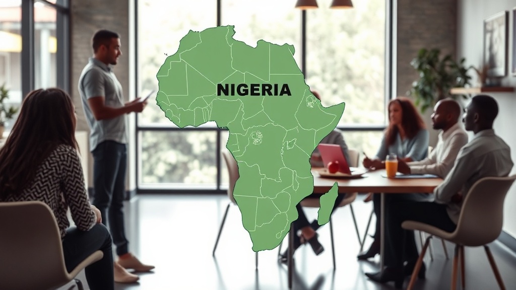 Map of Africa highlighting Nigeria and Rwanda with icons representing business registration