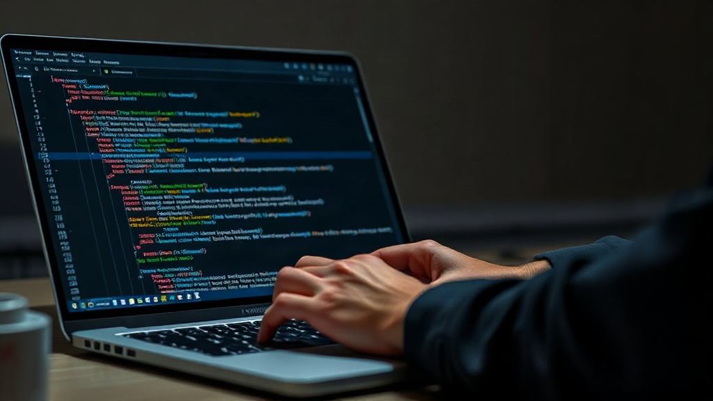 Developer writing code on a laptop with AI assistant suggestions visible