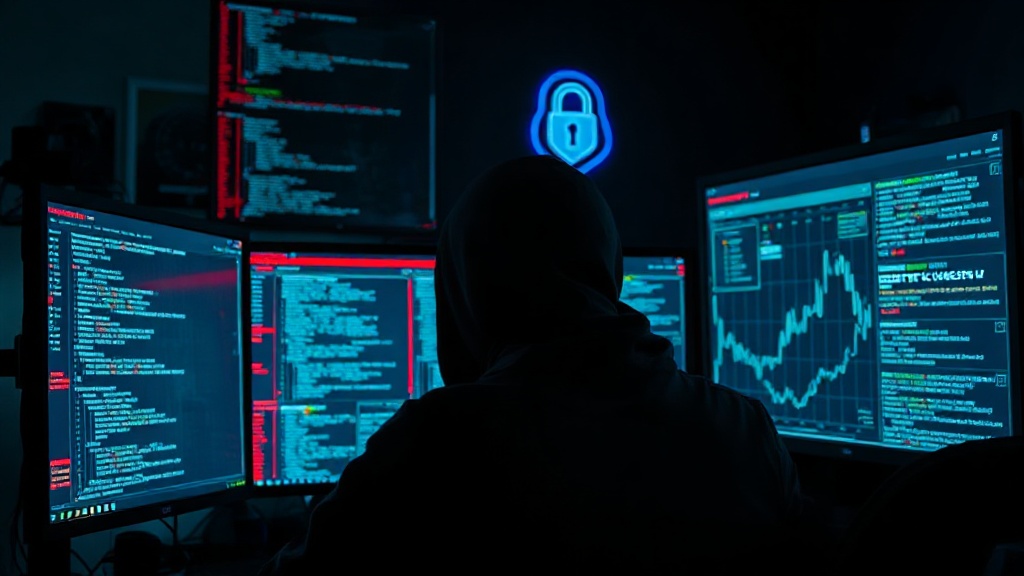 An ethical hacker analyzing network traffic data on multiple monitors