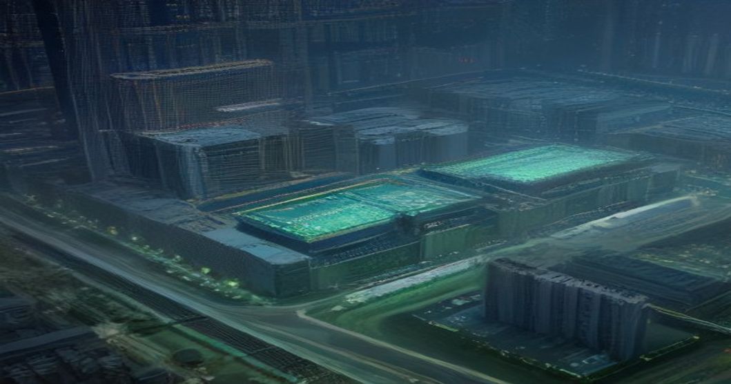 Aerial view of a sprawling data center campus in a rural Chinese province.