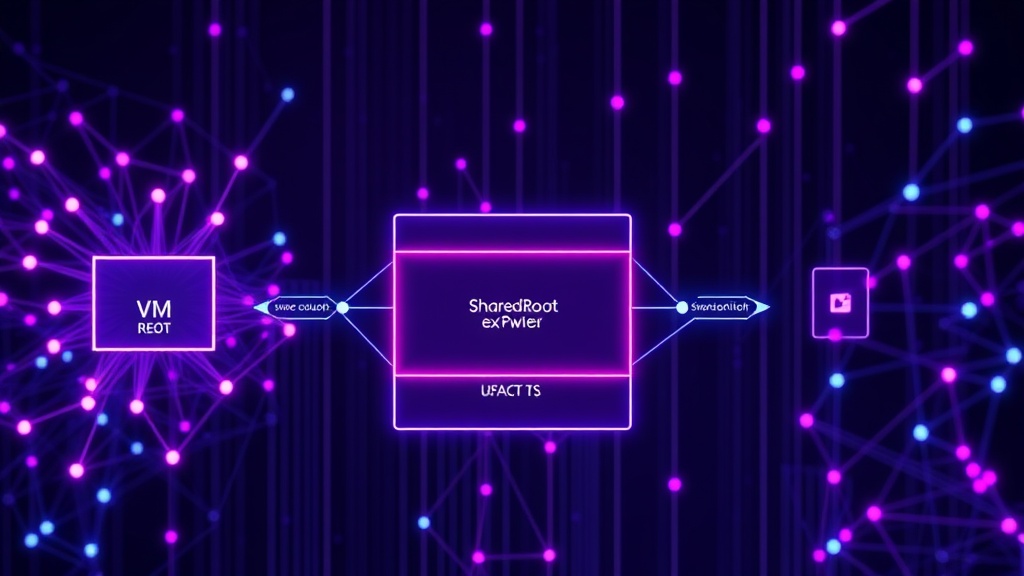 Diagram illustrating the SharedRoot exploit path through VM and file system layers.
