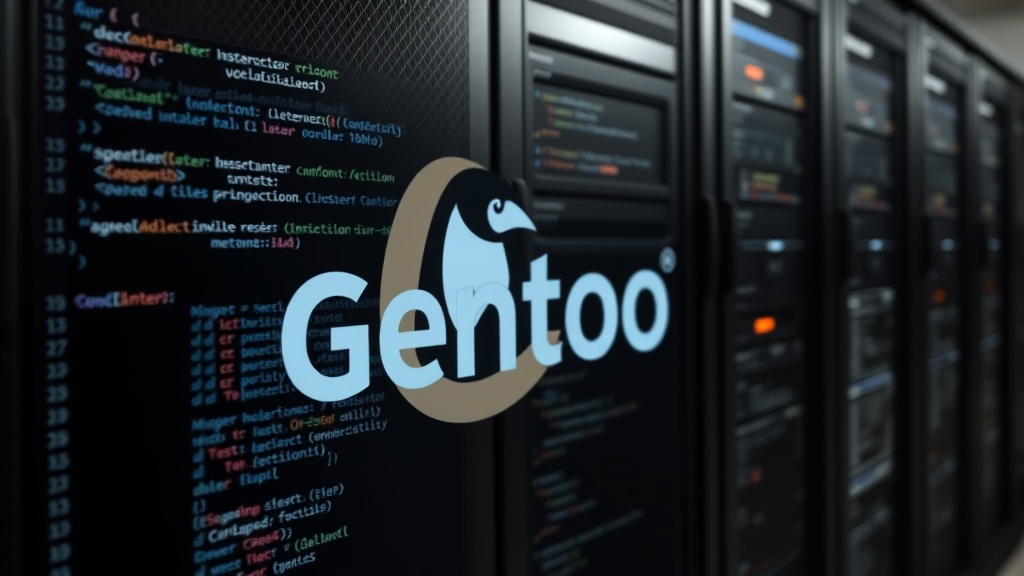 Gentoo Linux logo displayed prominently on a server rack