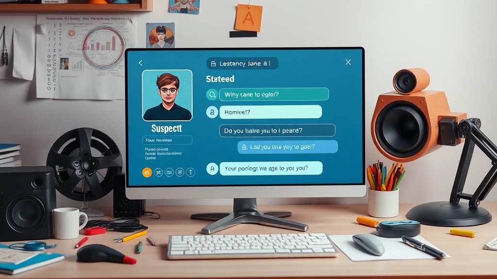 Screenshot of the Whodunnit AI game interface showing a suspect's profile and dialogue input