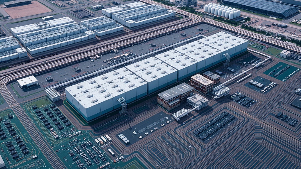 Aerial view of a large industrial data center complex with visible natural gas infrastructure.