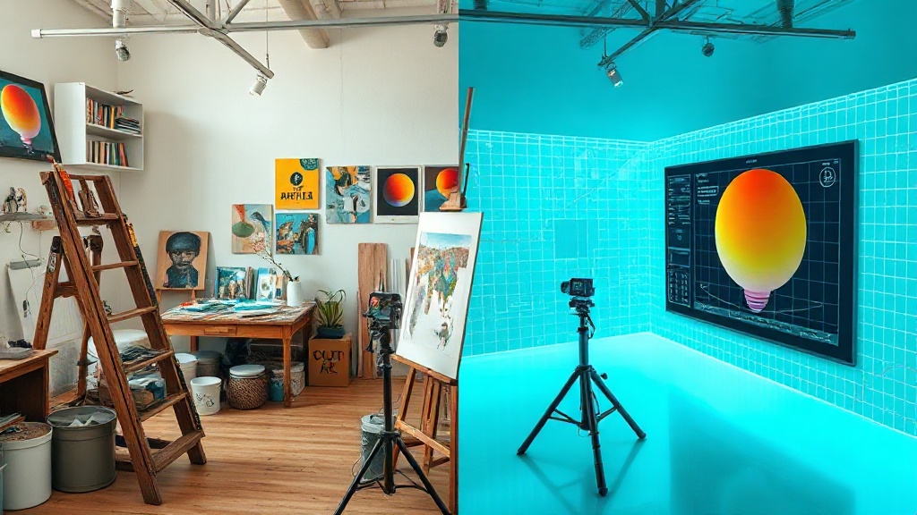 A split image comparing a painter's studio with an AI art generation interface