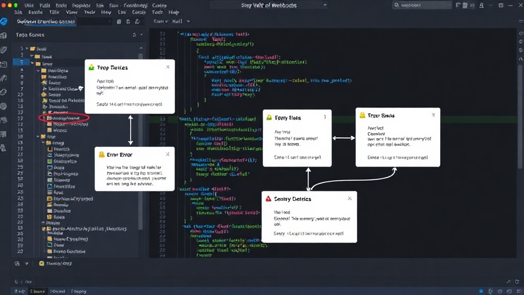 Diagram illustrating a complex webhook integration flow with multiple services and error handling