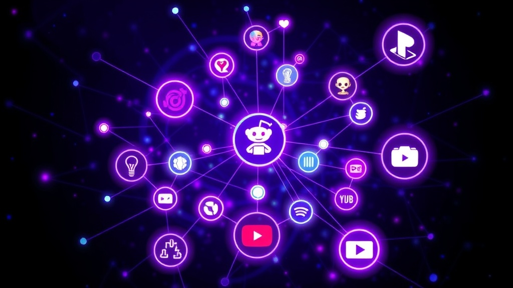 Conceptual diagram illustrating NotebookLM connecting to diverse online data sources like Reddit and YouTube