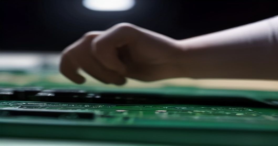 Chinese factory floor with workers assembling AI accelerator chips.