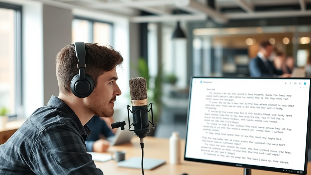 User speaking into a microphone with an AI interface processing audio into text