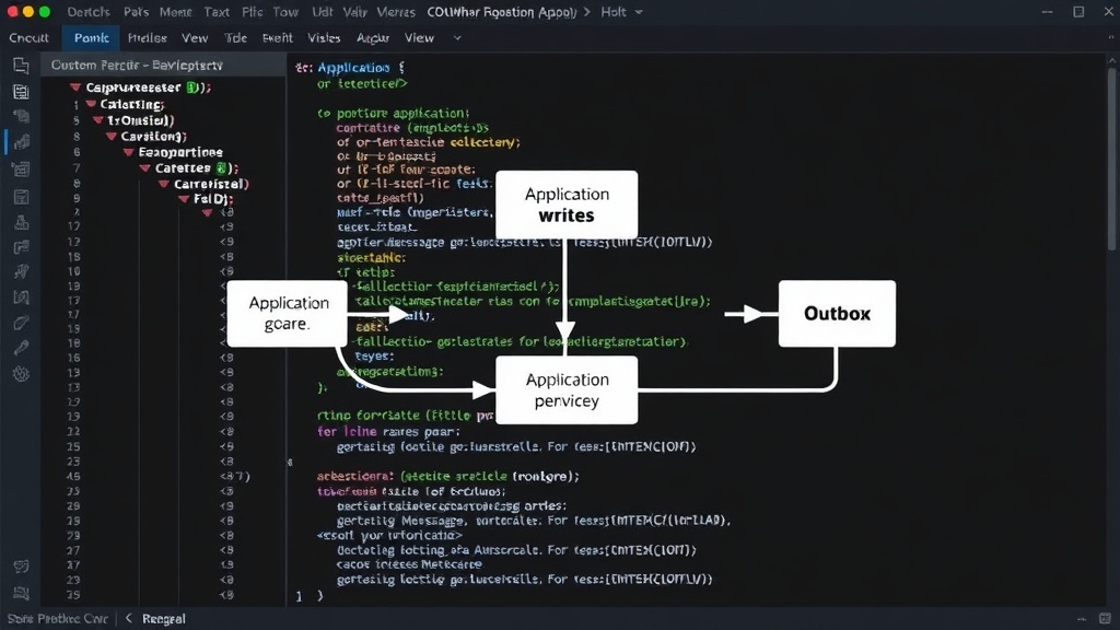 Diagram showing the outbox pattern: Application writes to DB and Outbox, separate process reads from Outbox and publishes to Message Queue