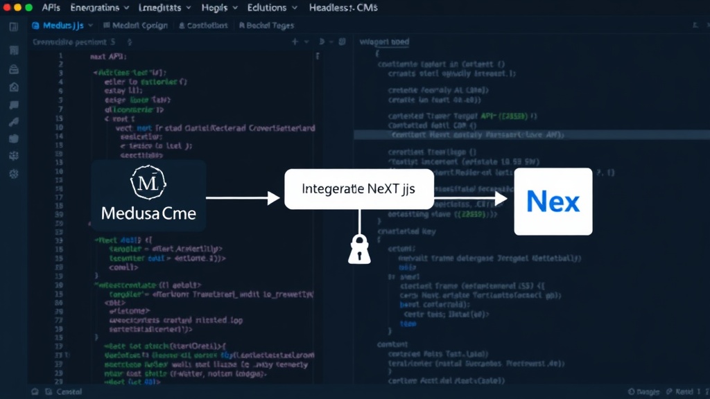 Diagram showing Medusa.js, Headless CMS, and Next.js interacting via APIs and a shared key.