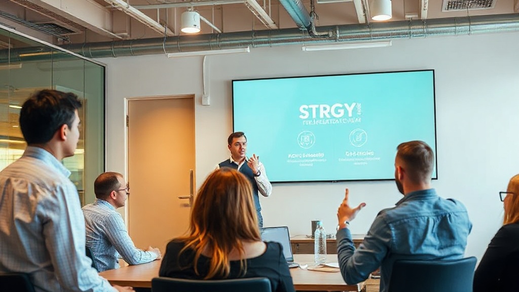 STRGY AI CEO presenting the StrategyOS platform at a startup event.