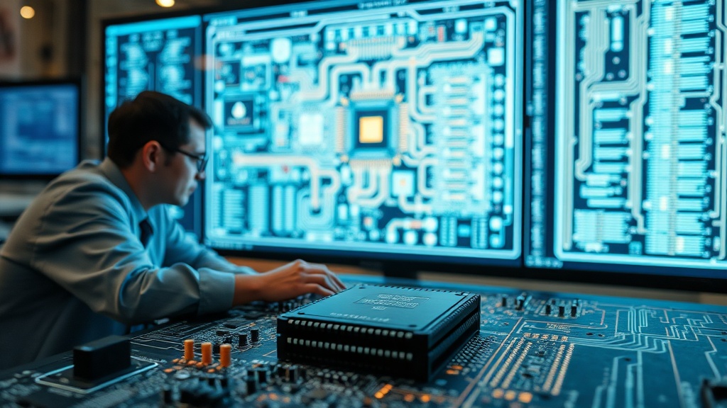 Engineers collaborating around a complex chip design schematic on a large monitor