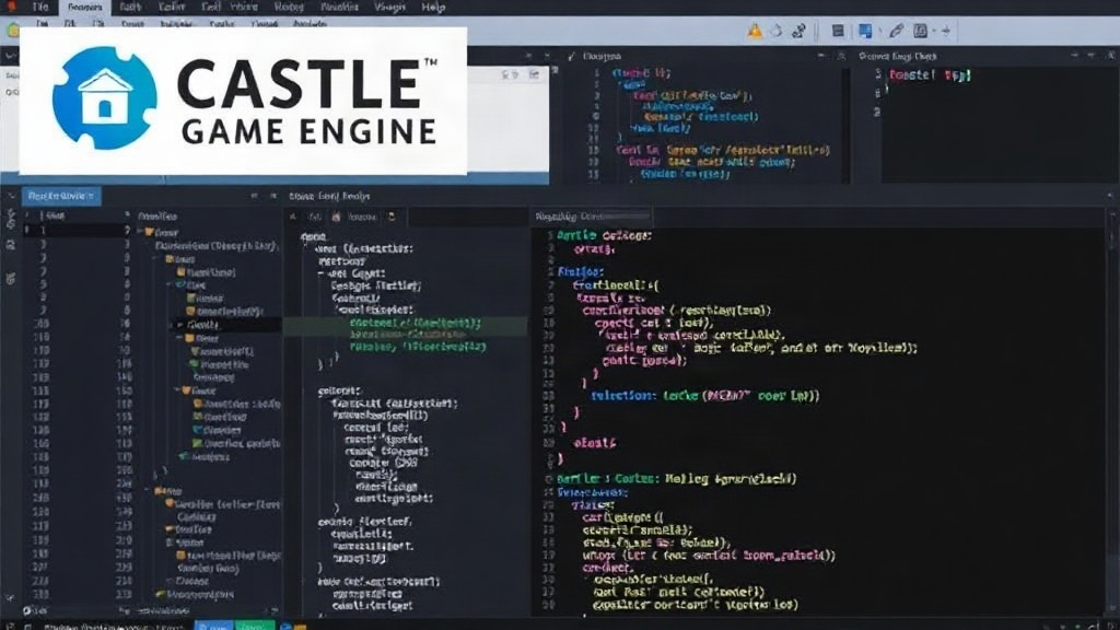 Castle Game Engine logo and a snippet of Modern Object Pascal code