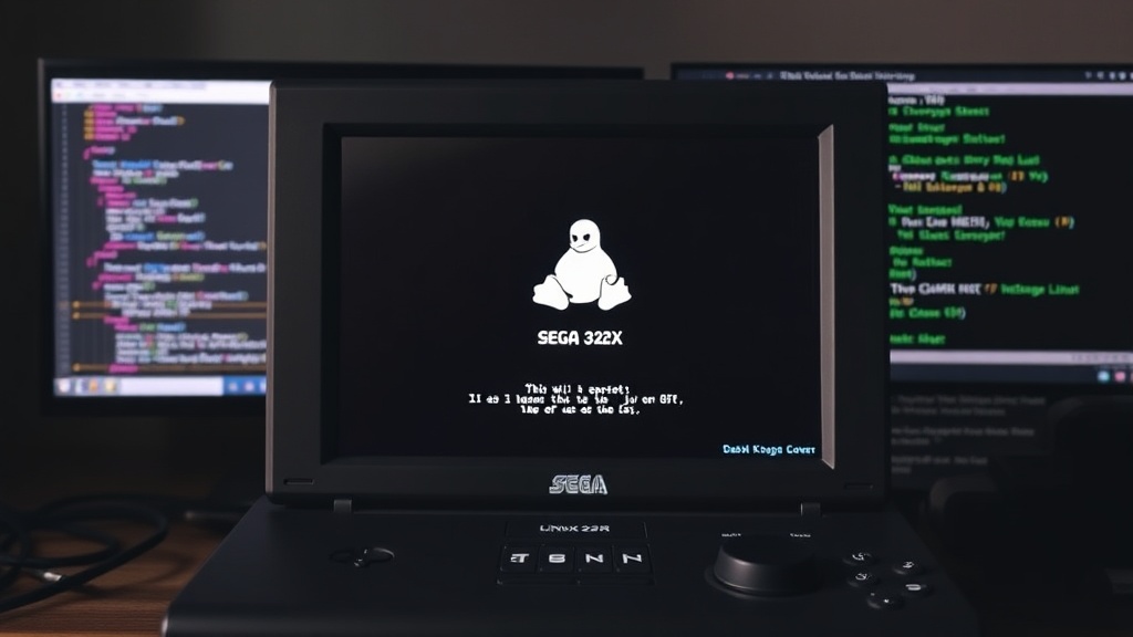 Sega 32X console with Linux boot screen displayed