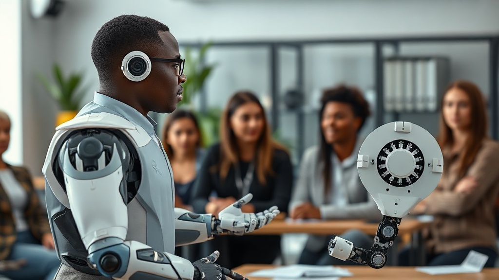 Robot demonstrating sign language for complex scientific terms in a classroom setting.
