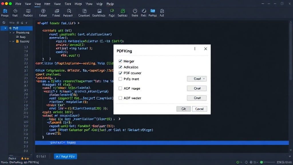 PDFKing interface displaying options for merging, splitting, and converting PDF documents.