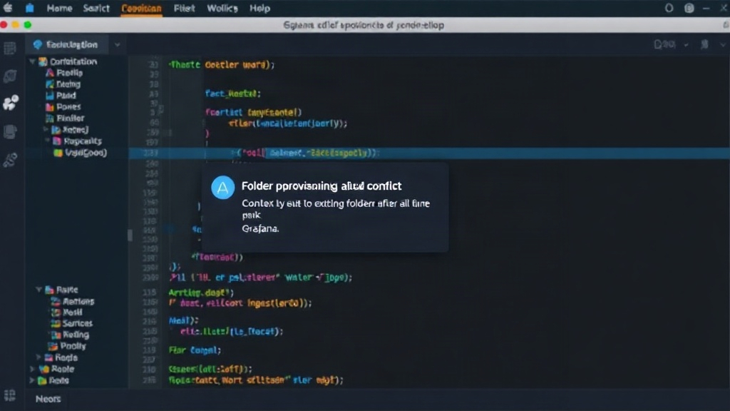 Grafana error message showing a folder provisioning conflict due to existing folder name
