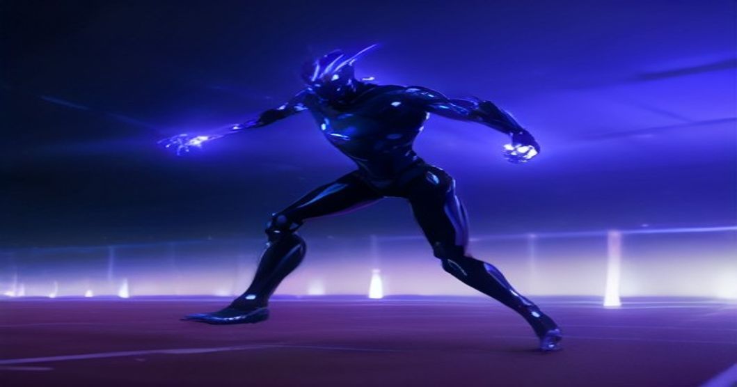 Humanoid robot in mid-stride on a running track, crossing the finish line.