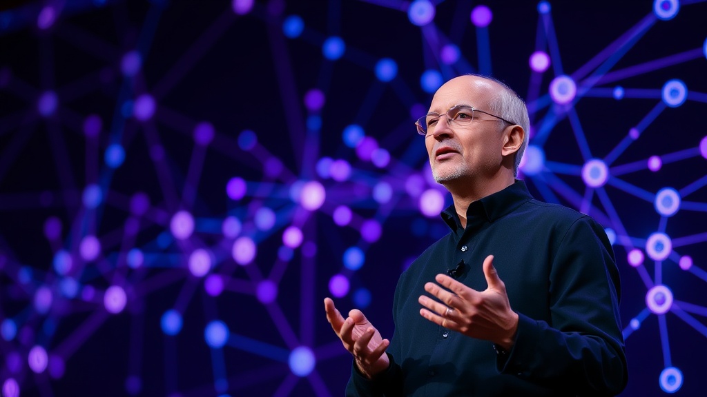 Satya Nadella speaking at a technology conference about AI advancements.