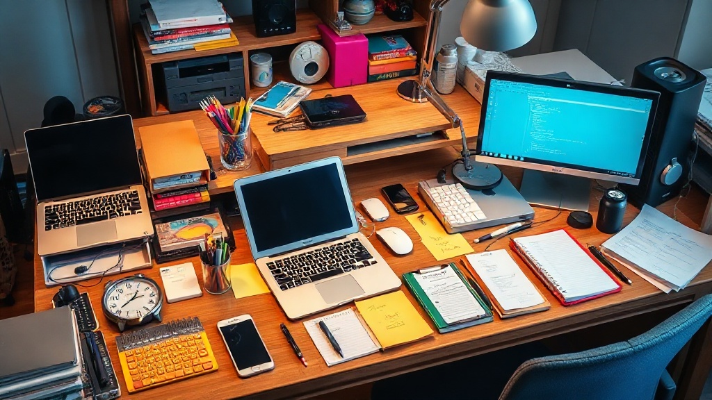 A freelancer's desk cluttered with multiple devices and notes, illustrating tool overload