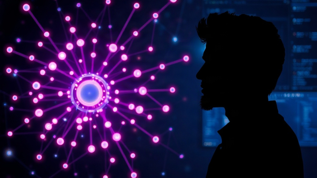 An illustration contrasting a complex neural network diagram with a thoughtful human silhouette