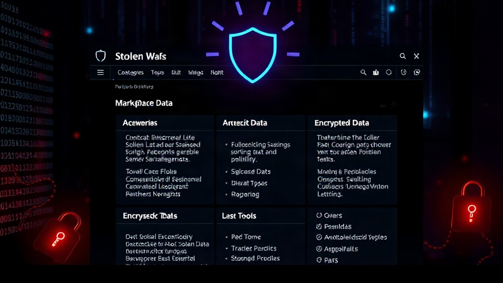 Screenshot of a dark web marketplace interface displaying categories of stolen data and tools