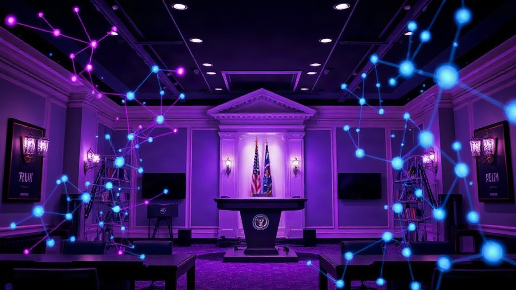 White House briefing room with AI-related signage during the Trump administration