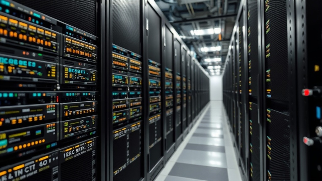Data center racks filled with high-performance computing servers
