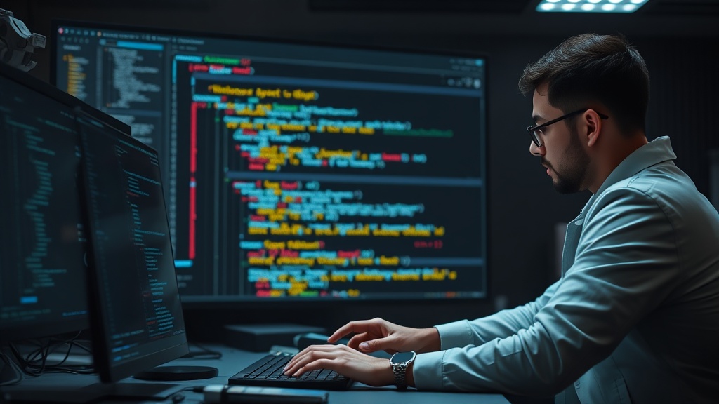 Developers collaborating on a complex software project, with subtle AI-assisted coding tools visible.