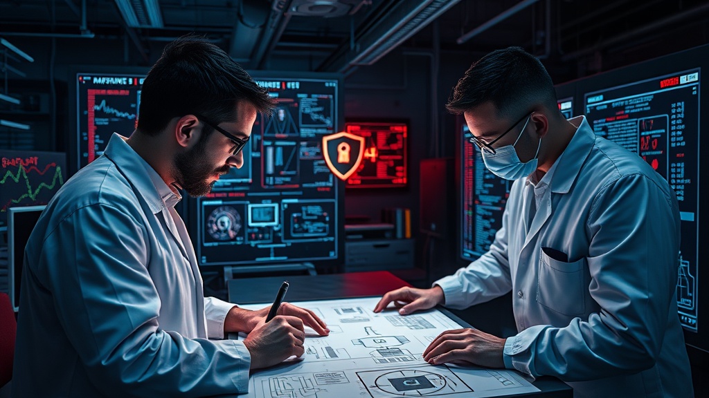 Researchers examining complex AI model architecture diagrams in a lab setting