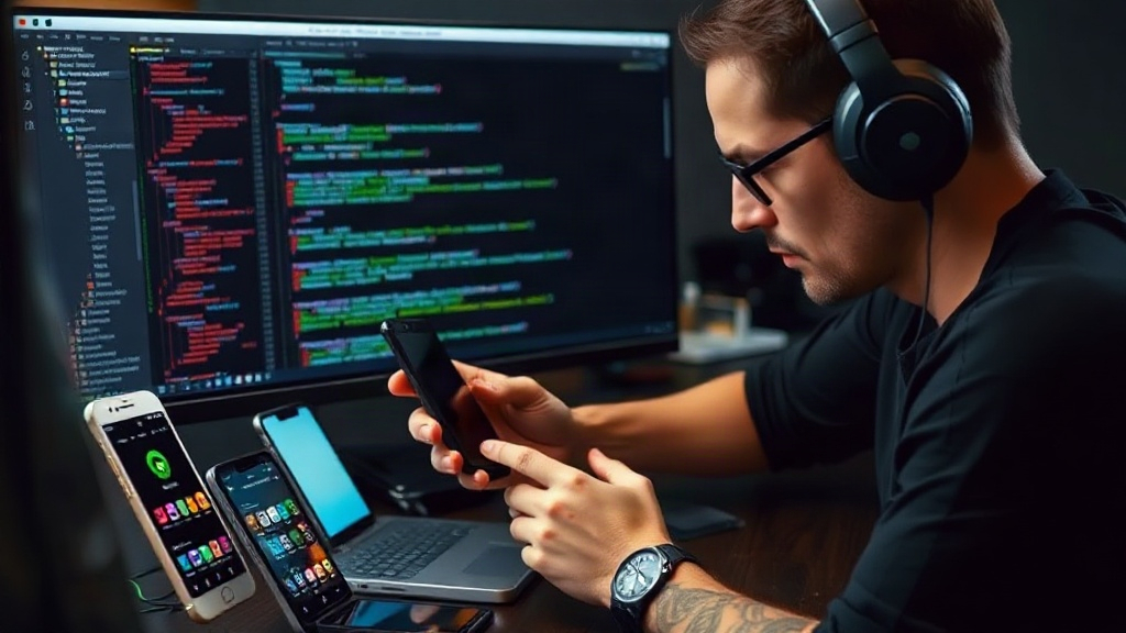 Developer examining a diverse range of physical mobile devices for app testing