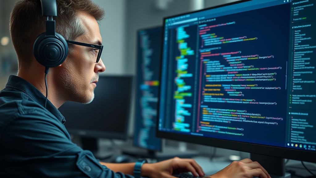 Developer looking thoughtfully at a complex code editor screen, pondering AI assistance.