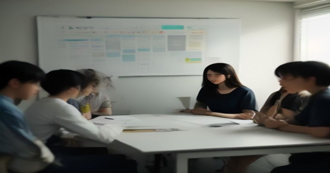 A diverse team of startup employees collaborating around a whiteboard with market strategy diagrams.