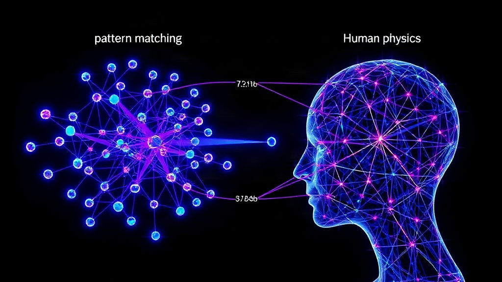 Diagram illustrating the difference between AI pattern matching and human conceptual understanding in physics.